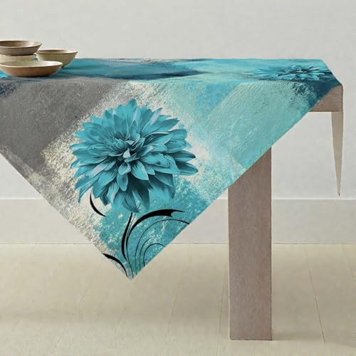 ViaElayu Tischdecke Türkis Grau Retro Mitteldecke mit Blume Bauernhaus Tischdekoration Rustikales Ölgemälde Abwaschbar Klein Tischdecke Akzenttisch Dekoratives 85x85cm Tablecloth für Küche Urlaub