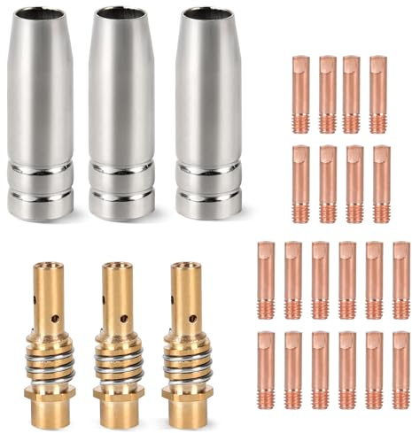 SWAWIS 26 Stück Verschleißteile Set Schutzgasschweißgerät Zubehör | Mit 20 Kontaktspitzen 3 Gasdüsen 3 Düsenstiel mit Haltefeder Schweißzubehör für AK15/MB15 MIG MAG Schweissgerät