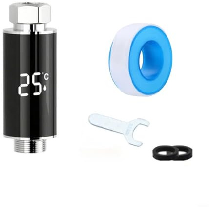 Moliuoly Digitaler Dusch-Wasserthermometer mit LED-Anzeige, Wasserkraft-betrieben, 3-Farben Temperaturanzeige (0-99°C), 1/2 Zoll Anschluss für Bad und Küche, Silber(B)