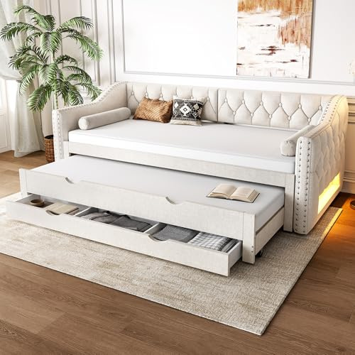 BTM 90-180x200 Tagesbett mit LED-Licht Ausziehbett mit Schubladen, Schrankbett Schlafcouch Ausziehbar Bett Beige (ohne Matratze)
