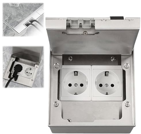 Tomacorriente Empotrado en el Piso, 16A AC 250V 4000W Caja de Enchufes de Acero Inoxidable con 2 Enchufes EU, Toma de Corriente de Suelo Impermeable para Hogares, Oficina, Hoteles y Centros