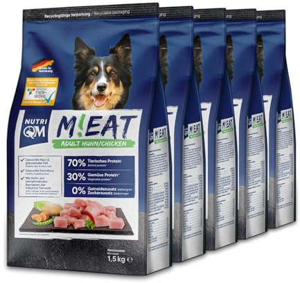 NutriQM® M!EAT Hundefutter Trocken Adult | 7,5 kg (5×1,5kg) getreidefreies Trockenfutter für Hunde | 70 % Fleischanteil Geflügel & Rind | Ohne Zuckerzusatz | Mit ITW Tierwohl-Siegel | Made in Germany
