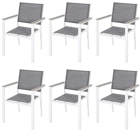Avestar Outdoor Stapelstühle, 6er Set Gartenstühle, Terrassenstühle aus Metallgestell und Textilene mit Armlehnen aus Kunstholz, wetterfest Esszimmerstühle für Veranda, Garten, Terrasse, Balkon, Grau