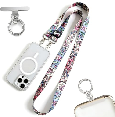 Correa para Móvil Universal y Cuerda para Colgar el Móvil Ajustable de Estilo Bohemio, Colgante Móvil con 2 Parches de Acero Inoxidable y Anilla Metálica para Smartphone