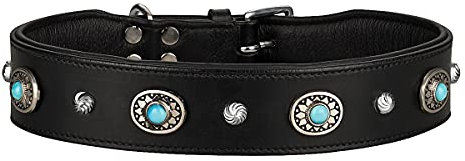 MICHUR Alonzo Hundehalsband Leder Schwarz Breit, Lederhalsband, Halsband, Blaue Steine MIT RUNDNIETEN, in verschiedenen Größen erhältlich