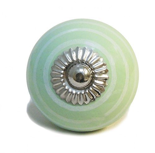 Pushka Home green ceramic cupboard door knob with white stripes. Silver rosette feature in middle of door knob, these colourful knobs are great for all cupboard doors, chest of drawers wardrobe and bedroom drawers. The porcelain knobs will go great with your antique looking furniture. Suits all doors up to 25mm thick. Great finishing touch for a shabby chic furniture project. Suitable for all kitchen cabinet doors. Perfect for upcycling your interior décor.
