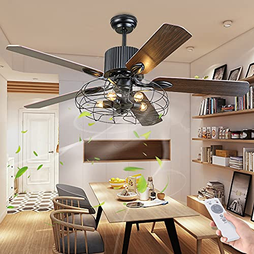 Deckenventilator Licht Mit Beleuchtung Und Fernbedienung Dimmbar E27 Fan Deckenleuchte LED Fan Kronleuchter Loft Lüfter Deckenlampe Retro Wohnzimmer Schlafzimmer Esszimmer Lüfter Stumm Lüfter Lampe