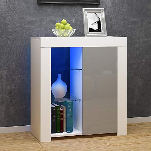 Panana Sideboard Storage Cupboard High Gloss Front Cabinet RGB Multicolor LED Lighting with Doors and Shelves Living Room Furniture (White and Grey)