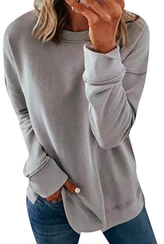 Yming Damen Rundhals Tops Einfarbig Oberteil Langarm Sweatshirt Frizeit Sweatshirts Hellgrau XS