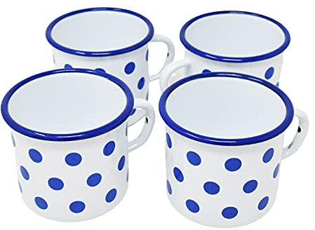 Madacha Set mit 4 Tassen aus emailliertem Metall, 400 ml, Weiß mit blauen Punkten