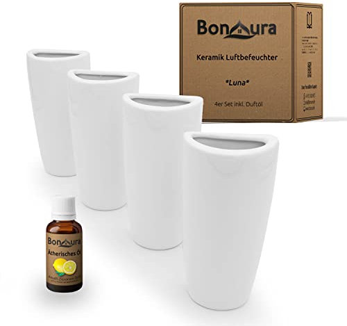 BonAura® Luna Ceramic Humidifier Heating Set - 4 Pieces Radiator Evaporator with Hooks - Square Water Evaporator for Hanging - Includes Citrus Oil - 4 x 350 ml