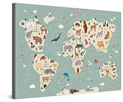 PICANOVA Weltkarte Leinwand Bilder - Premium-Leinwand-Kunstdruck - Bild auf Holzrahmen gespannt als Galerie-Kunstwerk - Kinder Weltkarten Sammlung für wohnzimmer - Süße Tiere - 120x80cm