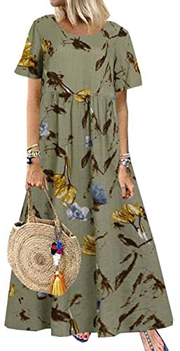 BAIXIAOCHI Abito Lungo Allentato A Vita Allentata in Lino di Cotone con Scollo Tondo Stampato Estivo