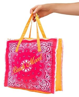 CosìCasa Große Damen-Strandtasche mit Reißverschluss und Innentasche – 45 x 45 x 15 cm – Strandtasche für Damen, groß mit doppeltem Griff, maschinenwaschbar (bunt, rot/orange)