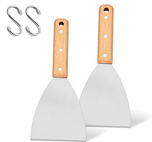 Joyfair 2 Pieces Griddle Scraper, Stainless Steel Slant Edge Grill Scrapers for Food Service/Cooking/Cleaning, Ideal for BBQ Indoor & Outdoor, Wooden Handle, Dishwasher Safe