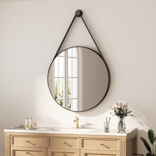 Heilmetz Spiegel Rund Schwarz Φ50cm, Runder Spiegel mit Metall Rahmen, Abnehmbar Band, Wandspiegel für Badezimmer, Schlafzimmer, Wohnzimmer, Eingang Wanddekoration