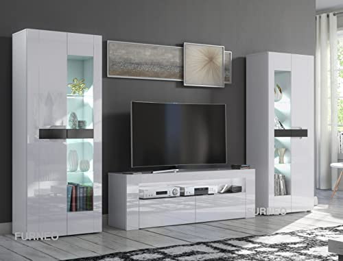 Furneo MilClif 13 – High Gloss & Matt White Living Room Set, TV Stand & Display Cabinets, White LED Lights