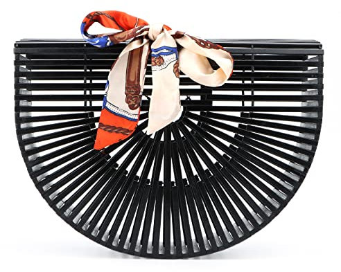 Emprier Damen Vintage Bambus Taschen Handgemachte Stroh Taschen Sommer Strand Geldbörsen Korb Handtaschen, Schwarz , Small