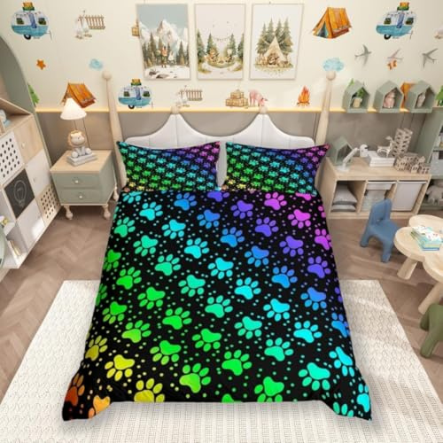 feelingyou Dog Paw Print Duvet Cover Set Double Size,Rainbow Gradient Puppy Paw for Dog Lover Comforter Cover with 2 Pillowcases,Funny Pets Animal Breathable Bedspread for Boys Teens Present, Soft