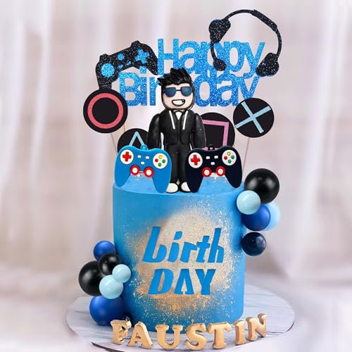 Video Game Cake Toppers Gamer Cake Decoration Game Controller Blue Black Ball Cake Toppers for Game Theme Party Man Boy Birthday Party Supplies (Style 1)