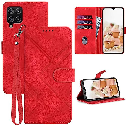 GOTOURED for Samsung Galaxy A12 Phone Case Wallet, Card Holder Leather, Wrist Strap, Magnetic Closure, Kickstand, Shockproof Protective Pattern Flip Cover (Red)