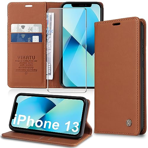 Migexxkj Handyhülle für iPhone 13 Hülle [mit Schutzfolie][Premium PU Leder] Klapphülle Ständer Kartenfach Magnetic Flip Case Cover Etui Tasche Schutzhülle für iPhone 13 6.1“