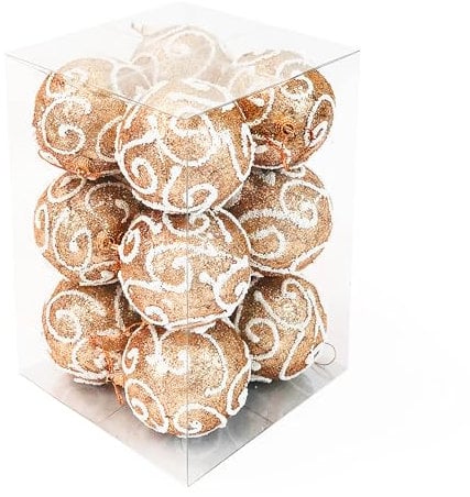 allgala 12 Pack 3 Inch Christmas Tree Ornament Balls-Glitter Decorated Foam Large Xmas Ball-Rose Gold