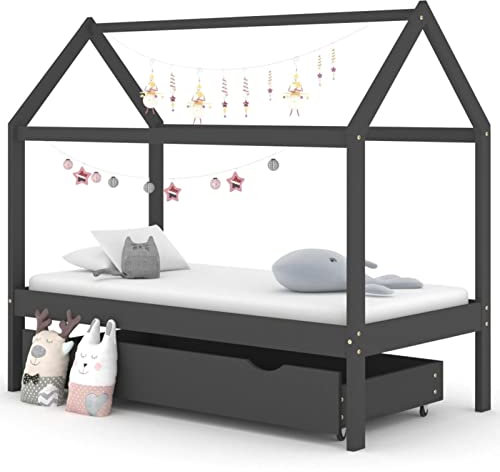 Festnight Hausbett Kinder 80 x 160 mit Schubladen Kinderbett 80 x 160 mit Schubladen Stauraumbett 80x160 Holzbett mit Schubladen Massivholz mit LattenrostDunkelgrau 80 x 160 cm