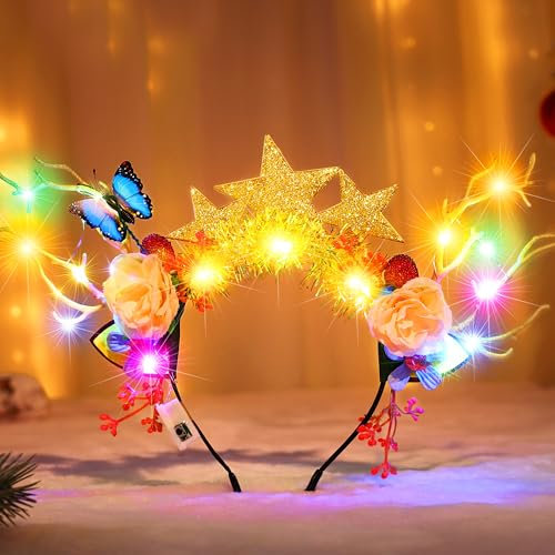 Fashband Leuchtendes Stirnband, LED-Sterne, Blumen, Stirnband, Rentiergeweih, Kopfschmuck, Party, Festival, Weihnachten, Haarschmuck für Frauen