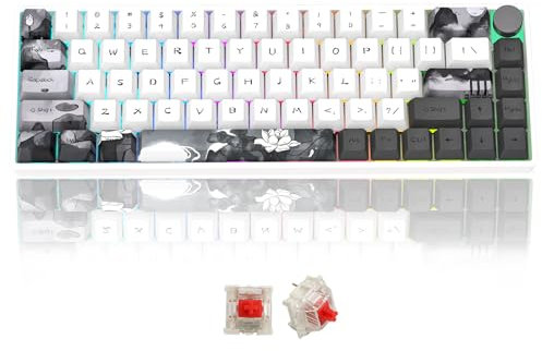 MOLGRIA GK68 68-Key RGB Backlit Gaming Keyboard with Ink Lotus Keycaps, Hot Swappable Red Mechinery Gateron Switches, Triple Mode Connection with Knob Mechanical Keyboard for Win/Mac OS