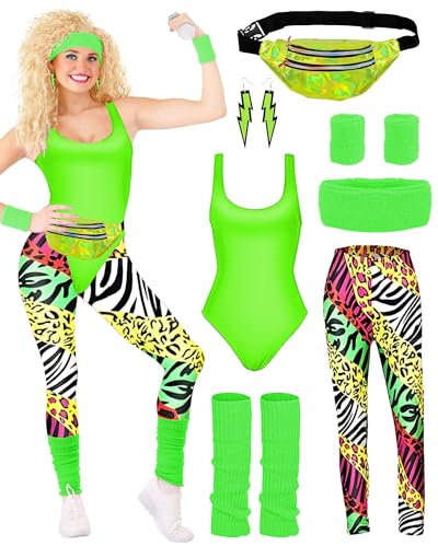 BIQIQI Women’s 80s Sportswear Costume, Leotard, Leggings, Headband, Arm Bands, Leg Warmers, Earrings, Bum Bag, 80s and 90s Outfit