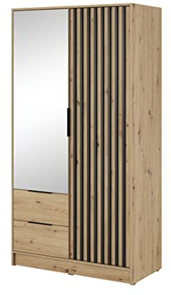 BETTSO Nelly Armoire avec Miroir - 2 Portes Battantes, 2 Tiroirs, Compartiments et Barre de Penderie - Lamelles/Rainuré - pour Vestiaire, Hall, Chambre - Moderne - Mat Chêne Artisan