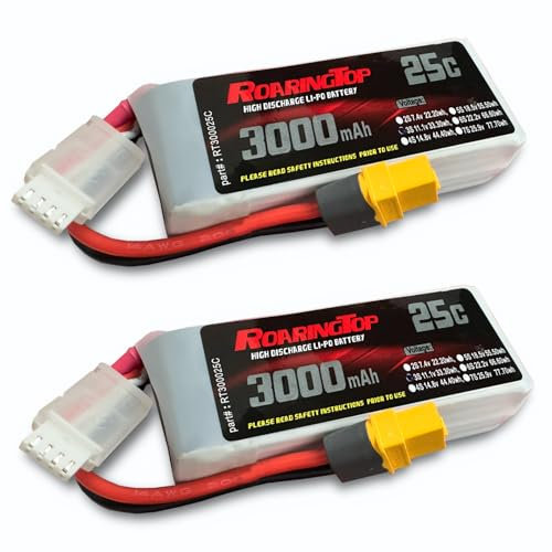 RoaringTop Batterie Lipo 3S 3000mAh 11.1V 25C Rechargeable Grande Capacité Batterie avec XT60 Plug pour Bateau RC (2 Pack)