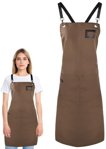PTJJXA Delantal Cocina Mujer 67x90cm, Delantal Barbacoa Chef Hombre Impermeable, Mandil Camarero Camarera Ajustable, Delantal Lona de Barberia, Delantal Jardineria Artista con 2 Bolsillos (Marrón)