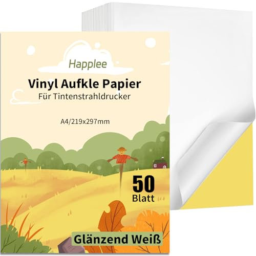 Sticker Papier zum Bedrucken 50 Blatt Bedruckbare Selbst Drucken Klebepapier A4 Vinyl-Aufkleberpapier Glänzend Druckerpapier für Büromaterial Laser und Tintenstrahldrucker (Glänzend-50)