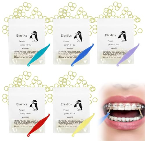 Nuqin Orthodontic Elastic Bands, 500pcs Dental Rubber Bands with 5 Pcs Placers, Elastic Bands for Braces Teeth Gap (Penguin 5/16)