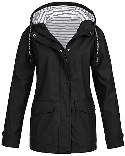 Veste Imperméable Femme avec capuche Grande Taille Léger Manteau de pluie Imperméable Coupe-vent avec Poches et Zippée Vêtements Imperméables Couleur Unie Rayé Poncho Trench-Coat (01#2-Black, 5XL)