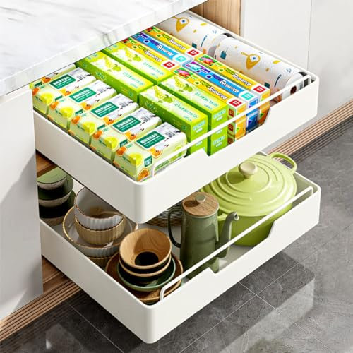 Cajones Extraibles para Cocina,Organizador Cajones Cocina,Bandeja Extraible Armario Cocina,Cajon Telescopico Adhesivo,Blanco (35 x 43 x 9 cm)