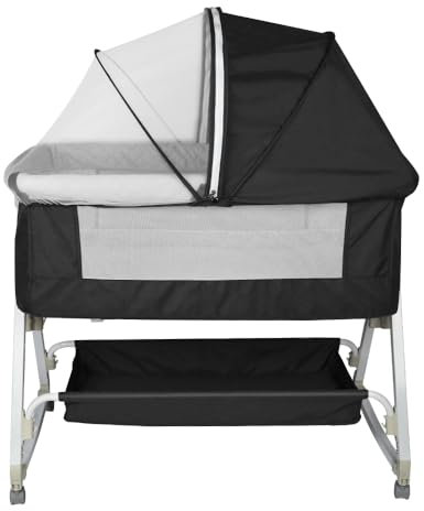 HUOLE 3 in 1 Berceau Cododo avec Matelas et Moustiquaire, lit de Voyage, lit bébé Portable avec roulettes, Berceau pour bébé avec 6 Niveaux de Hauteur réglable,92 * 52 * 106-118 cm-Noir