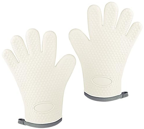 Silicone Oven Mitts 2Packs, Heat Resistant Waterproof Non-Slip Kitchen Oven Mitts, Soft Lined, 5 Fingers for Easy Grip Oven Mitts for Baking, Cooking, Kitchen Grilling,Milky White
