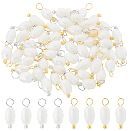 Hobbspring 50 Stück Süßwasserperlen Charm Anhänger 2 Farben Natürliche Perlen Verbindungsstücke 13mm Reisperlen Charms Mit Messingschlaufe Für Die Herstellung von Schmuck Halsketten Und Ohrringen