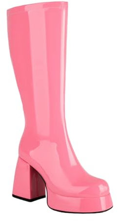 Stivali lunghi da donna, alla moda, tinta unita, con cerniera liscia, tacco alto, stivali alti, rosa, 37 EU