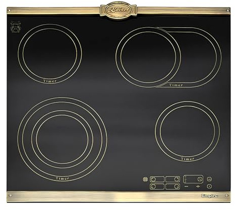 Kaiser Empire KCT 6185 Em Schwarz · Autarkes Glaskeramikkochfeld 60 cm · High-Light Elektro Kochfeld · 4 QuickHeat Zonen · Zweikreis & Bräterzone · Touch Control · Retro Bronze Design
