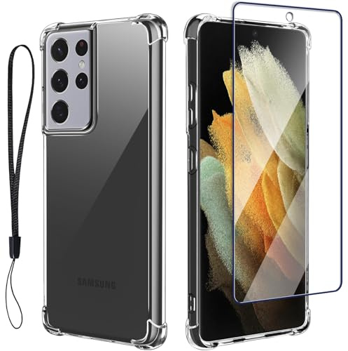 for Galaxy S21 Ultra Case with Screen Protector: Transparent Slim Thin Soft Silicone TPU Protective Phone Cover with Lanyard Strap for Samsung Galaxy S21 Ultra (Clear)