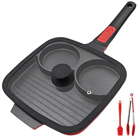 Bobikuke Padella Pancake con Coperchio 3 Fori, 26 cm Padella per Frittate con Rivestimento Antiaderente, Padella per Colazione con Maniglia Rimovibile