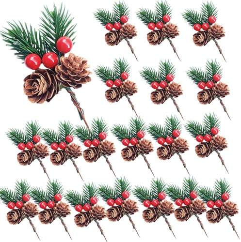20 Picchetti Piccoli Rami di Pino Artificiale Con Bacche, Aghi di Pino Bacche Rosse Natale Decorazioni Per Arrangiamenti di Fiori di Natale Corone Alberi e Regalo Fai da Te Decorazione