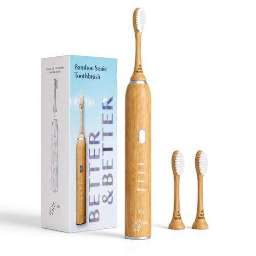 Better & Better Sonic Bamboo Elektrische Zahnbürste für Erwachsene | Wiederaufladbare elektrische Bambuszahnbürste mit pflanzlichen Borsten | Weiche Bürstenköpfe inkl. | 4 Reinigungsmodi & langlebiger