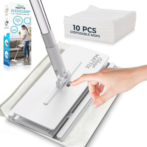 CleanMattix - FlexiClamp Sweep & Mop Kit - Durable Cleaning Tool for Hardwood, Tile, Marble & Laminate Floors, Home, Kitchen Cleaning Essentials. (Include 10 Dry Cloths)