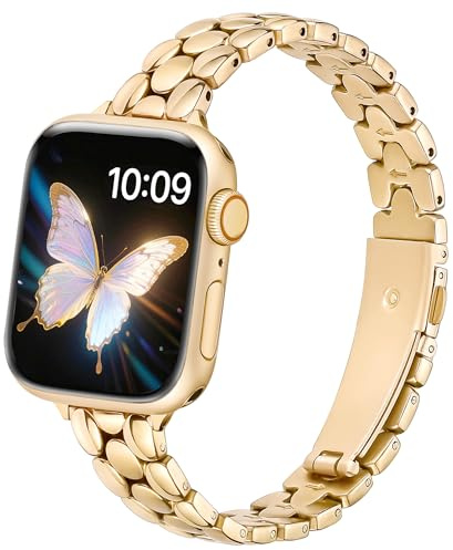 Light House Metal iWatch Straps Compatible with 42mm (Series 11 10), 41mm 40mm 38mm, Slim Stainless Steel Strap for iWatch Series 11 10 9 8 7 SE 6 5 4 3 2 1, Fashion Slim Band for Women Men, Gold