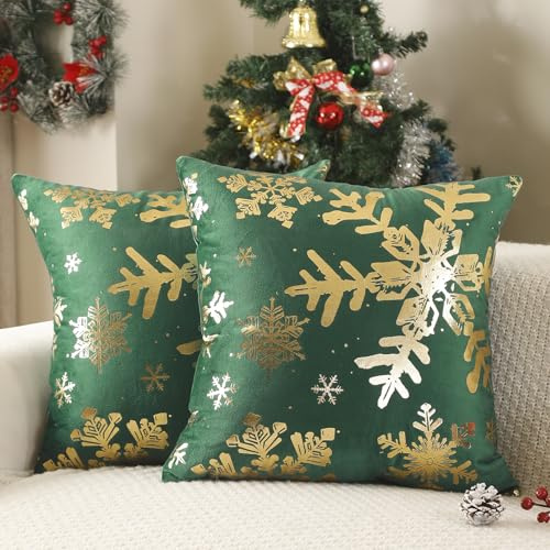 AwzyGous Kissenbezüge 40x40 Grün und Gold Weihnachten Kissenhülle Sofakissen Bezüge Schneeflocke Winter Samt Dekokissen Zierkissenbezüge Weihnachtsdeko für Sofa Couch Schlafzimmer Wohnzimmer, 2er Set